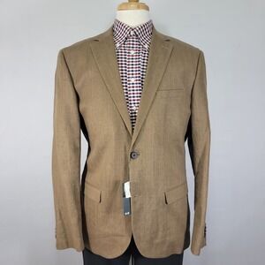 H&M Mens Sport Coat Blazer Linen Cotton Blend Brown Herringbone Slim Fit 46R NEW